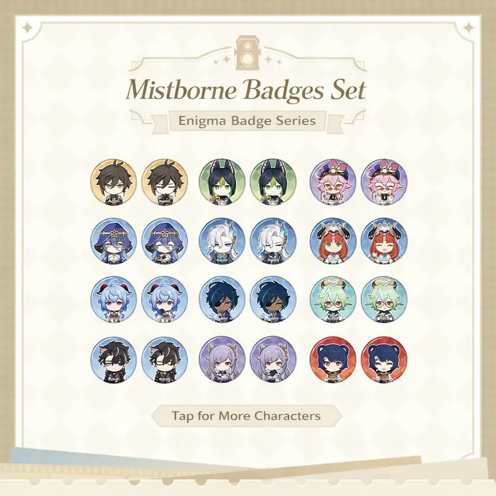 Genshin Impact chibi badge set character lineup from Captured Moments series