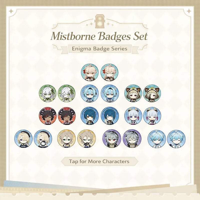 Genshin Impact Captured Moments mini badge collection featuring multiple characters in chibi design