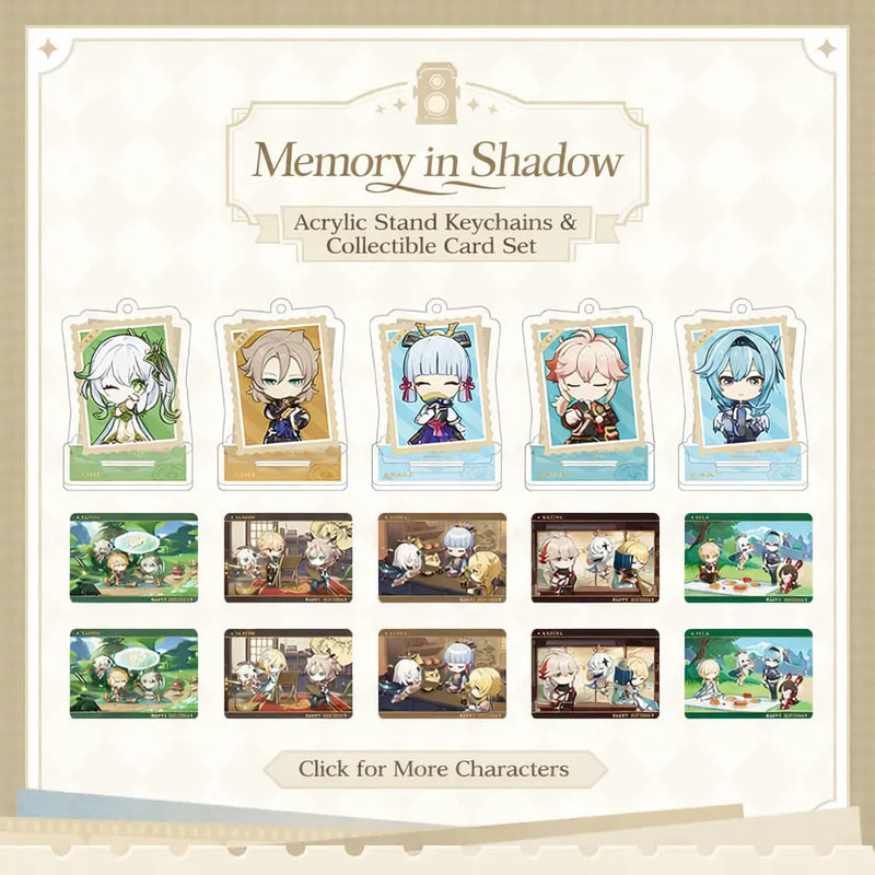 Genshin Impact Captured Moments standee and card set collection featuring multiple characters
