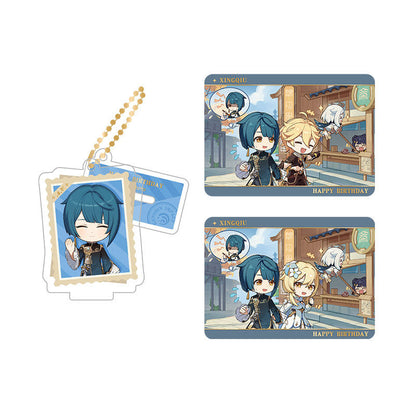 Genshin Impact Xingqiu acrylic standee and collectible card set from Captured Moments series