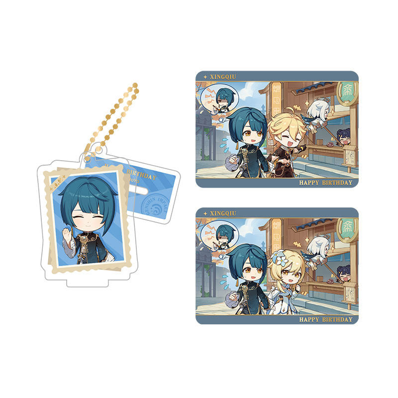 Genshin Impact Xingqiu acrylic standee and collectible card set from Captured Moments series