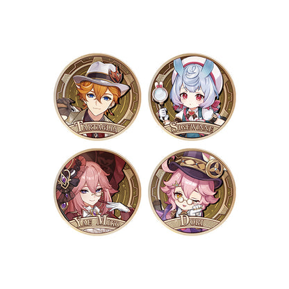 Genshin badge collection featuring Yae Miko Sigewinne Tartaglia and Dori