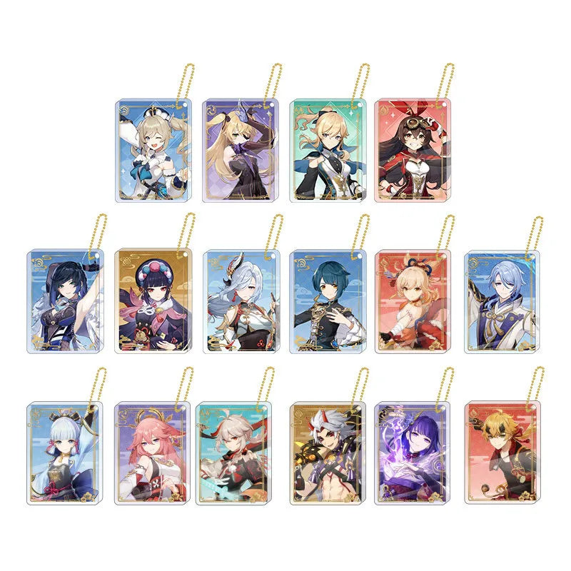 Genshin Impact character acrylic keychain display collection including Zhongli, Hu Tao, Ganyu and more