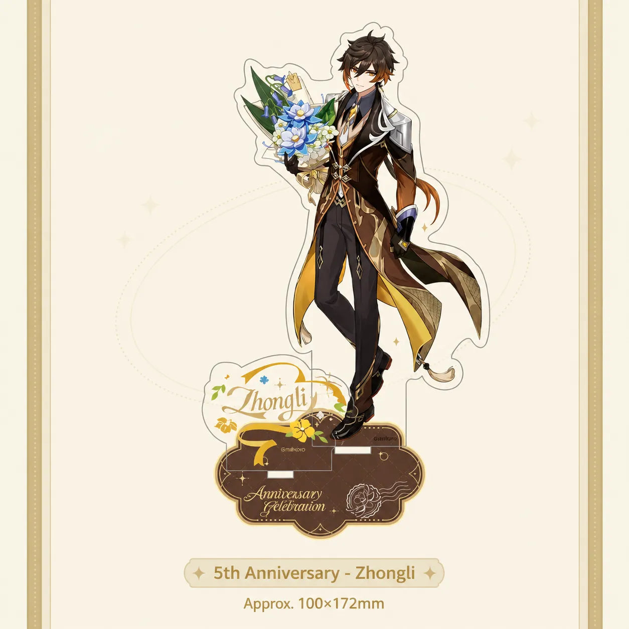Detailed view of Genshin Impact character acrylic stands with decorative anniversary themed bases