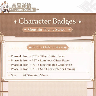 Genshin Impact character badge product details showing PET glitter effects and 58 mm tinplate collectible badge design