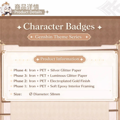 Genshin Impact character badge product details showing PET glitter effects and 58 mm tinplate collectible badge design