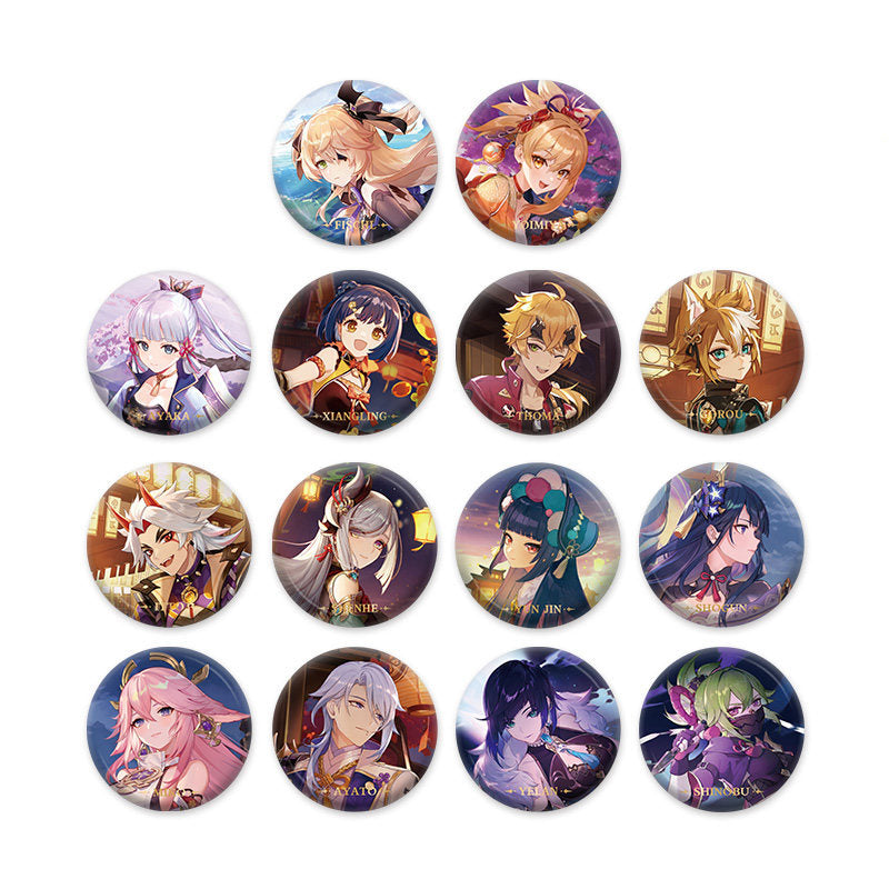 Genshin Impact character badge series featuring Xiao Hu Tao Yelan Arlecchino and Wanderer anime collectible pins