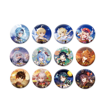 Genshin Impact character badge collection featuring Klee Ganyu Yoimiya Nilou and Navia anime collectible pins