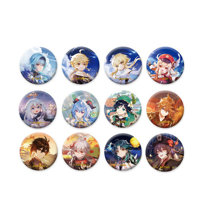 Genshin Impact character badge collection featuring Klee Ganyu Yoimiya Nilou and Navia anime collectible pins