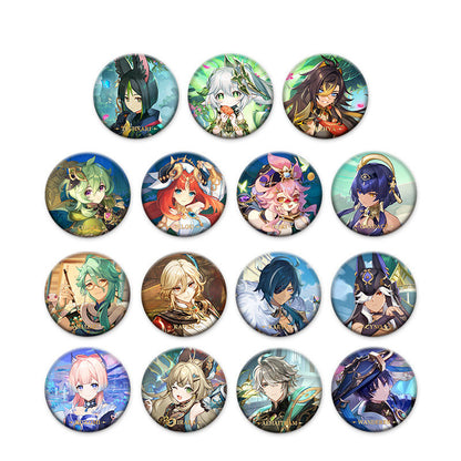 Genshin Impact character badge collection featuring Ayaka Ayato Kazuha Kokomi and Chiori anime collectible pins