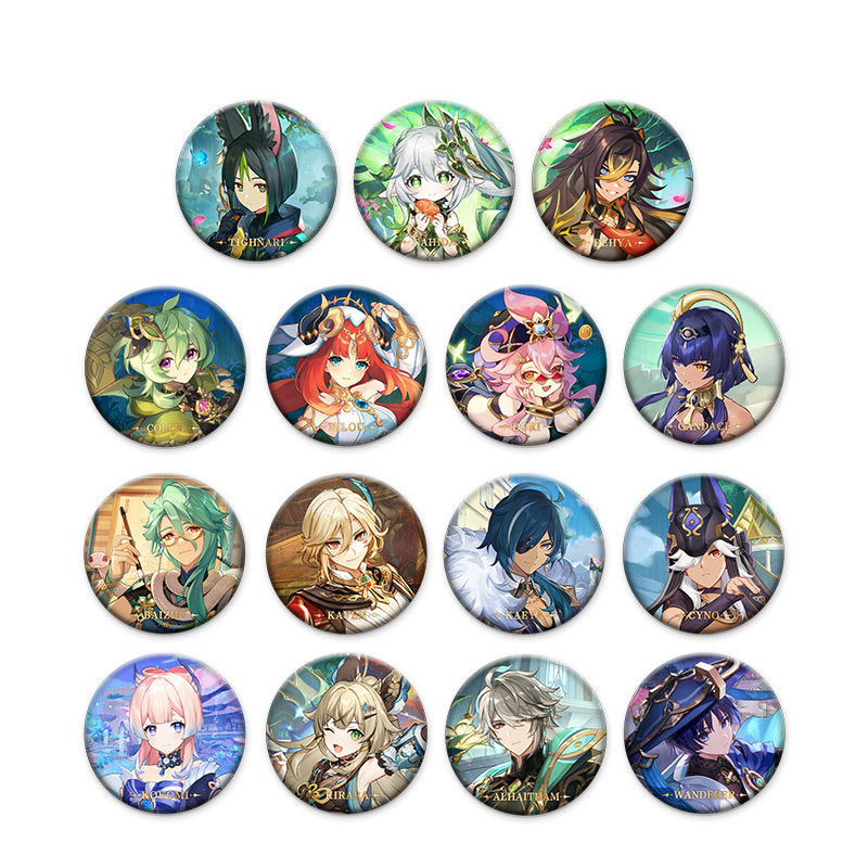 Genshin Impact character badge collection featuring Ayaka Ayato Kazuha Kokomi and Chiori anime collectible pins