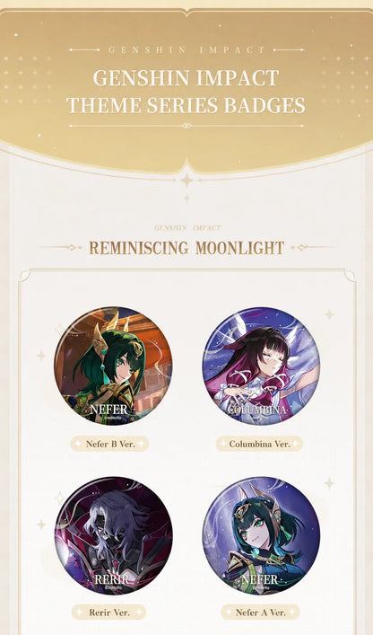 Genshin Impact Mavuika and Kinich character badge set with holographic themed artwork