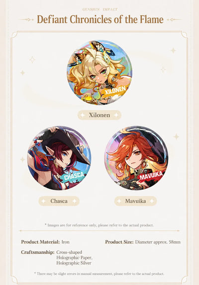 Genshin Impact Mualani and Kachina character badge set with holographic themed artwork