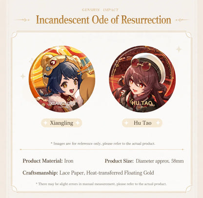 Genshin Impact Ororon and Hu Tao character badge set with holographic themed artwork
