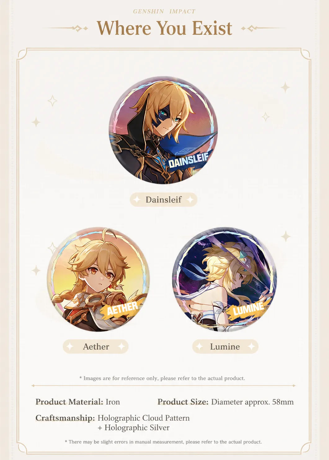 Genshin Impact Skirk Bennett and Ineffa character badge set with holographic themed artwork