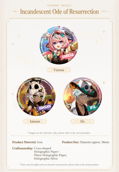 Genshin Impact Varesa Iansan and Ifa character badge set with holographic themed artwork