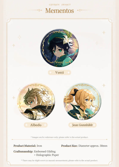 Genshin Impact Wriothesley and Escoffier character badge set with holographic themed artwork