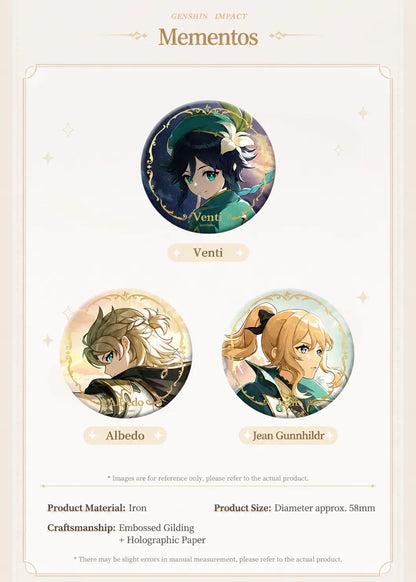 Genshin Impact Wriothesley and Escoffier character badge set with holographic themed artwork