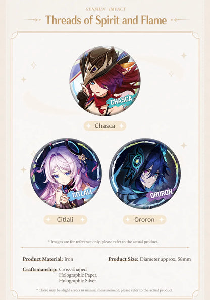 Genshin Impact Xiangling and Mavuika character badge set with holographic themed artwork