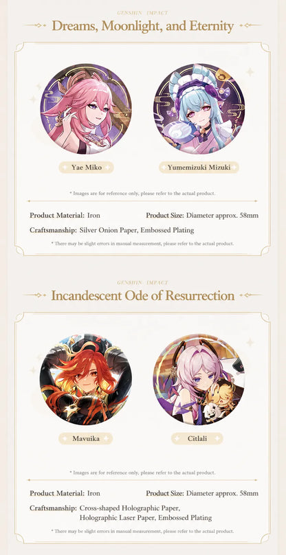 Genshin Impact Yae Miko and Yumemizuki Mizuki character badge set with holographic themed artwork