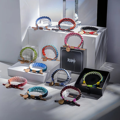 Genshin Impact character-inspired braided bracelet collection displayed with multiple designs and color variations