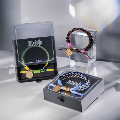 Genshin Impact character-inspired braided bracelet shown with packaging and display box