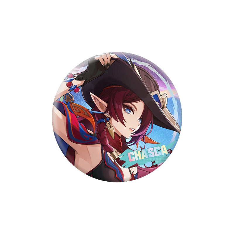 Genshin Impact Chasca A version character badge with holographic finish and themed artwork