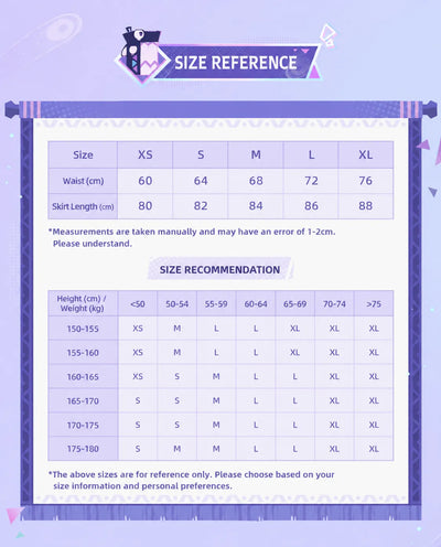 Genshin Impact Citlali long skirt size chart with waist and skirt length measurements