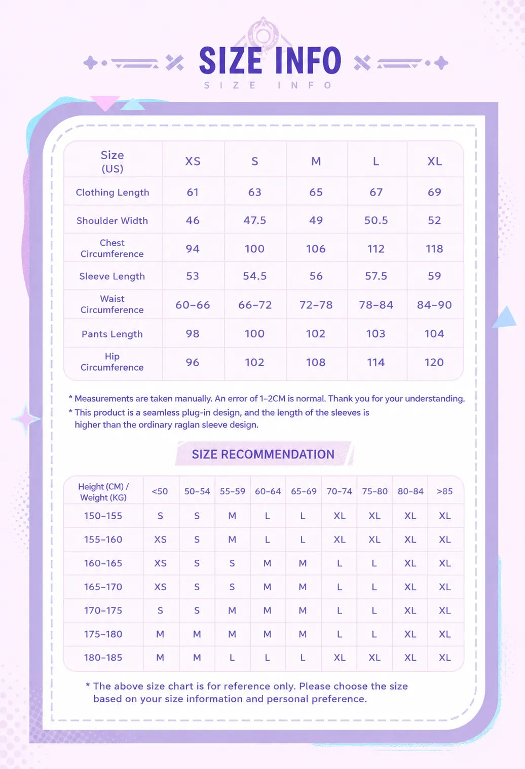 Genshin Impact Citlali Plush Homewear Set size chart