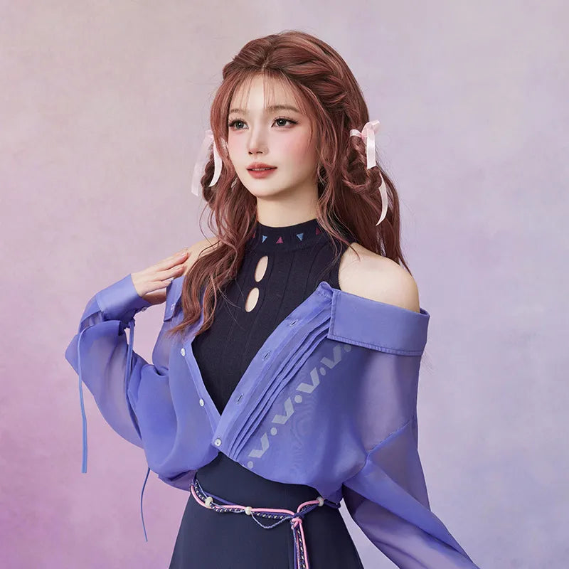 Citlali Themed Impressions Series purple knitted shirt and layered skirt set