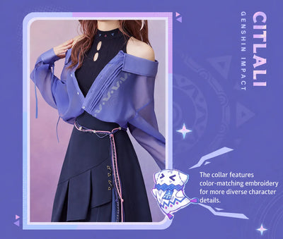 Citlali themed shirt with color-matching collar embroidery and decorative details