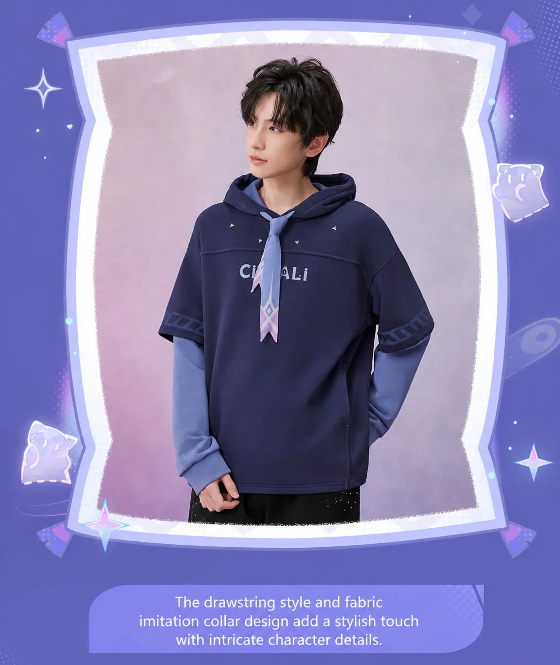 Back view of Citlali layered hoodie featuring large character-themed graphic print