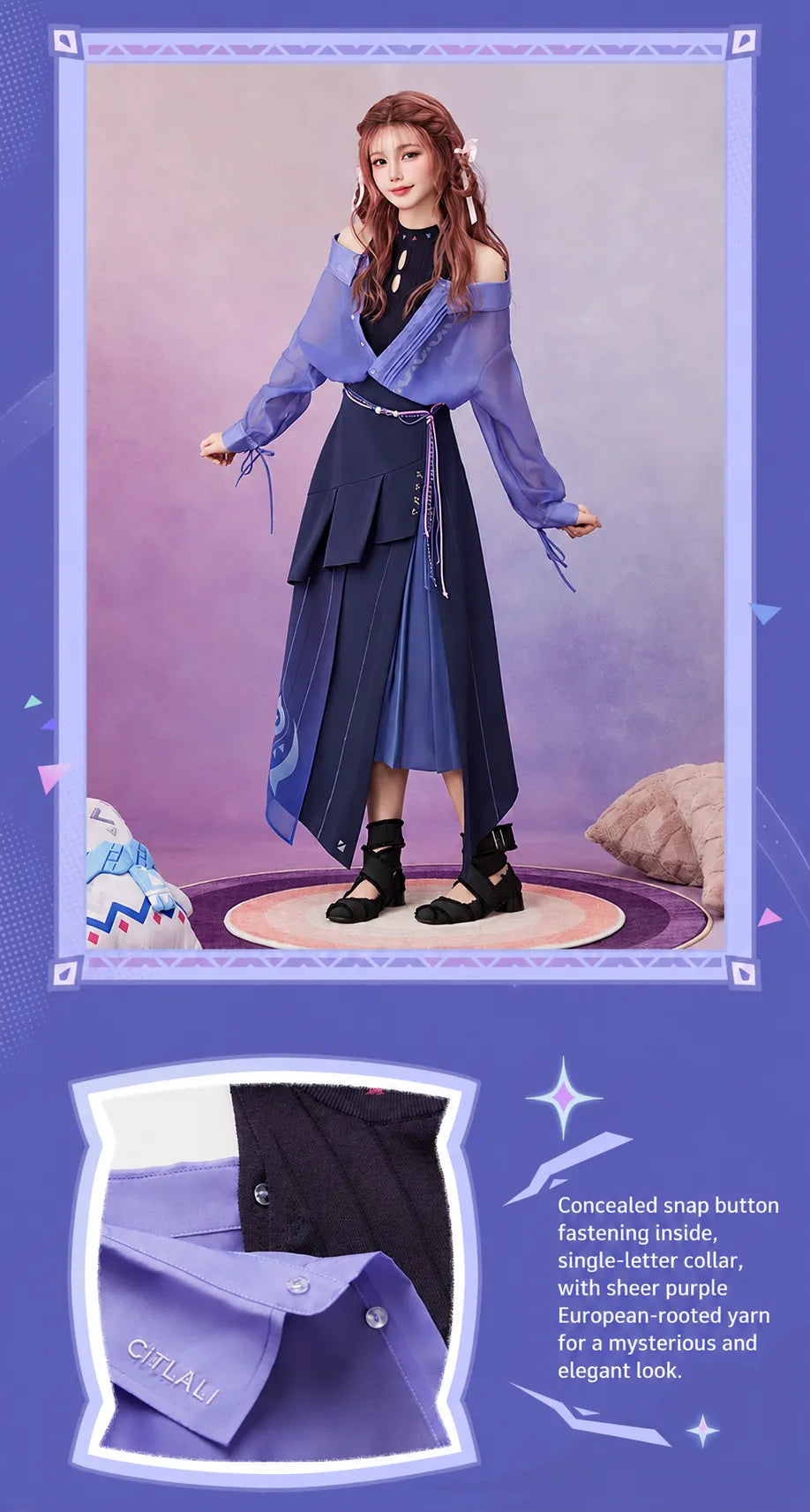 Citlali themed layered outfit with knitted inner top, purple shirt and irregular hem skirt