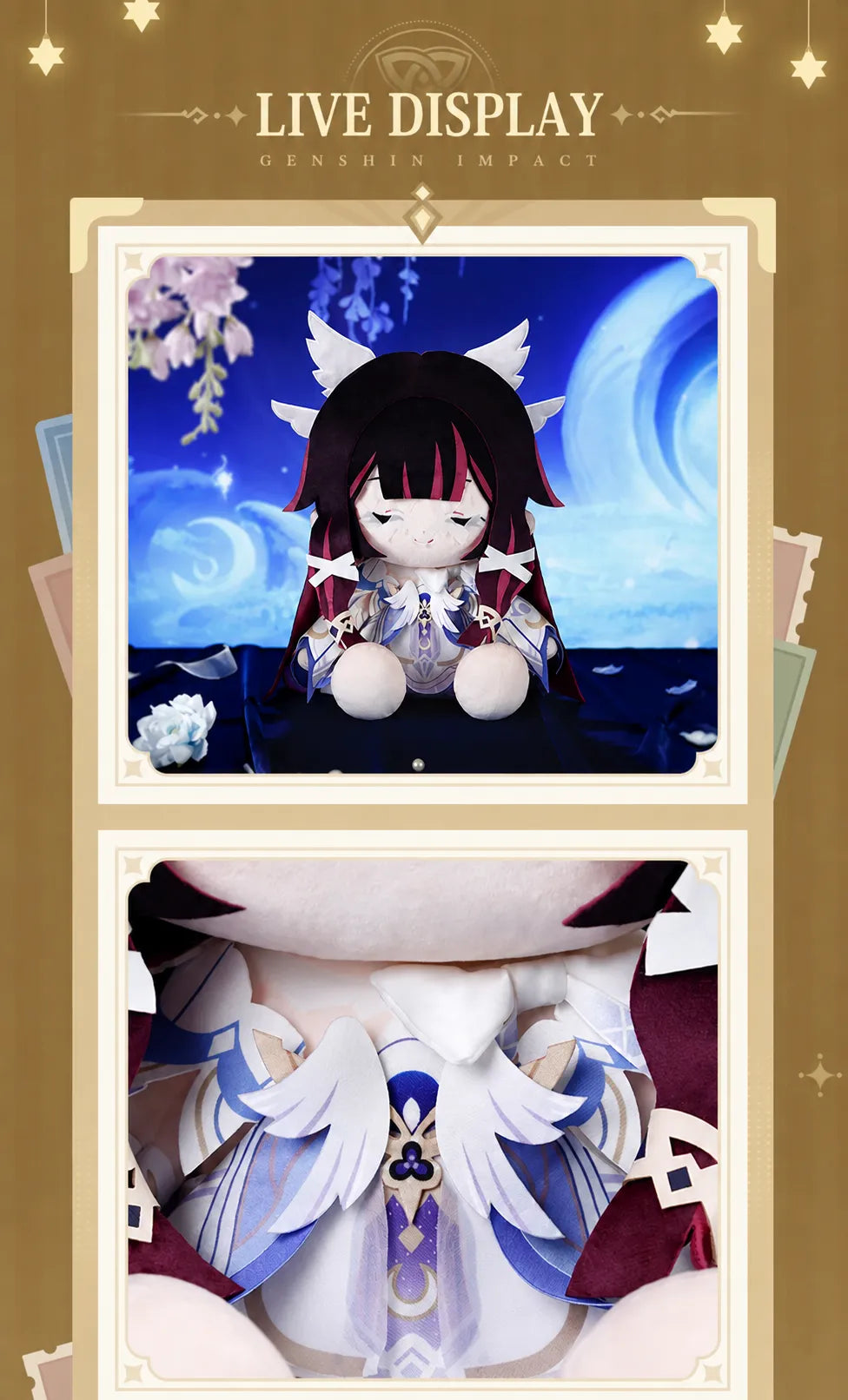 Close-up of Columbina Sitting Plush craftsmanship and costume details