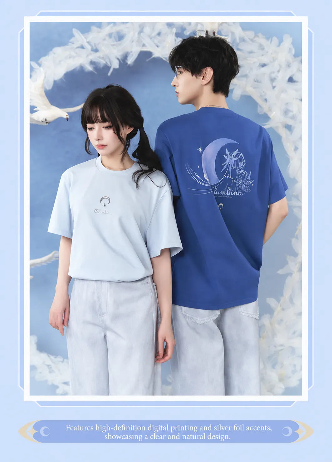 Female model wearing deep blue Columbina Casual T-Shirt