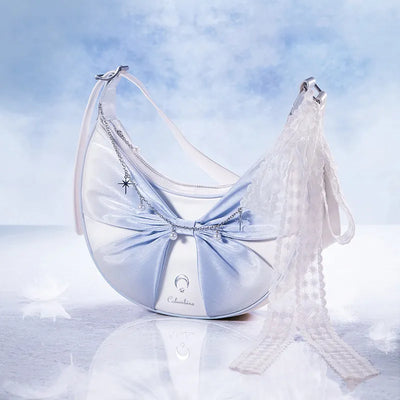 Columbina themed white and blue crossbody bag with butterfly knot