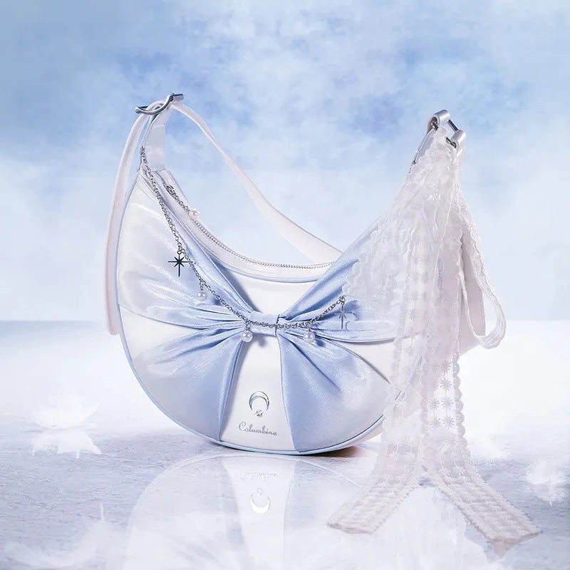 Columbina themed white and blue crossbody bag with butterfly knot