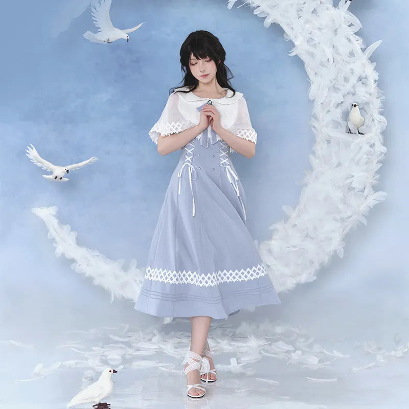 Columbina themed blue and white patchwork dress with sheer capelet