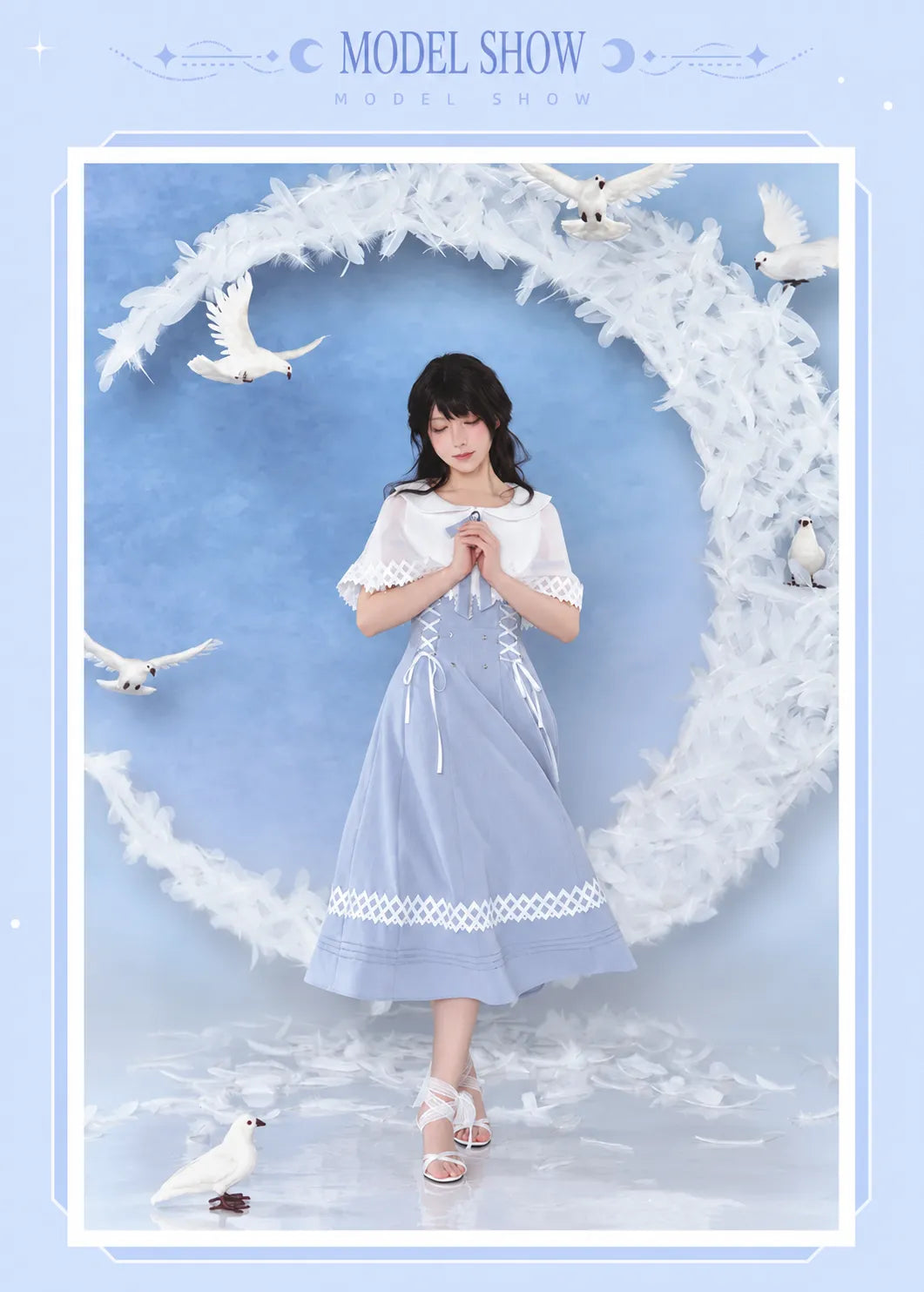 Columbina dress displayed on mannequin with geometric lace trim