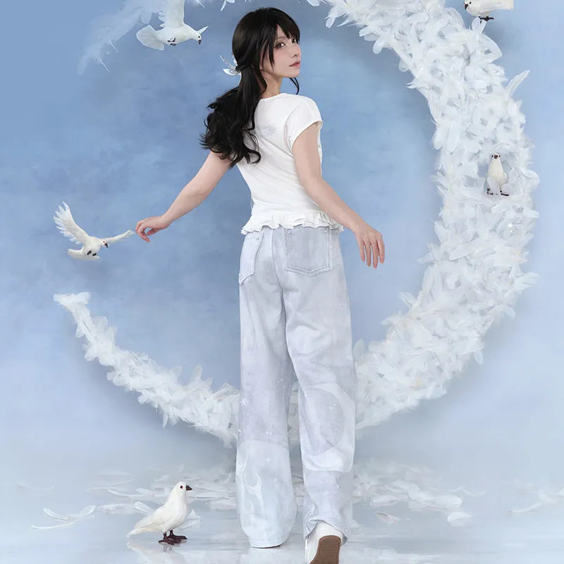 Columbina printed casual pants with pale celestial patterns