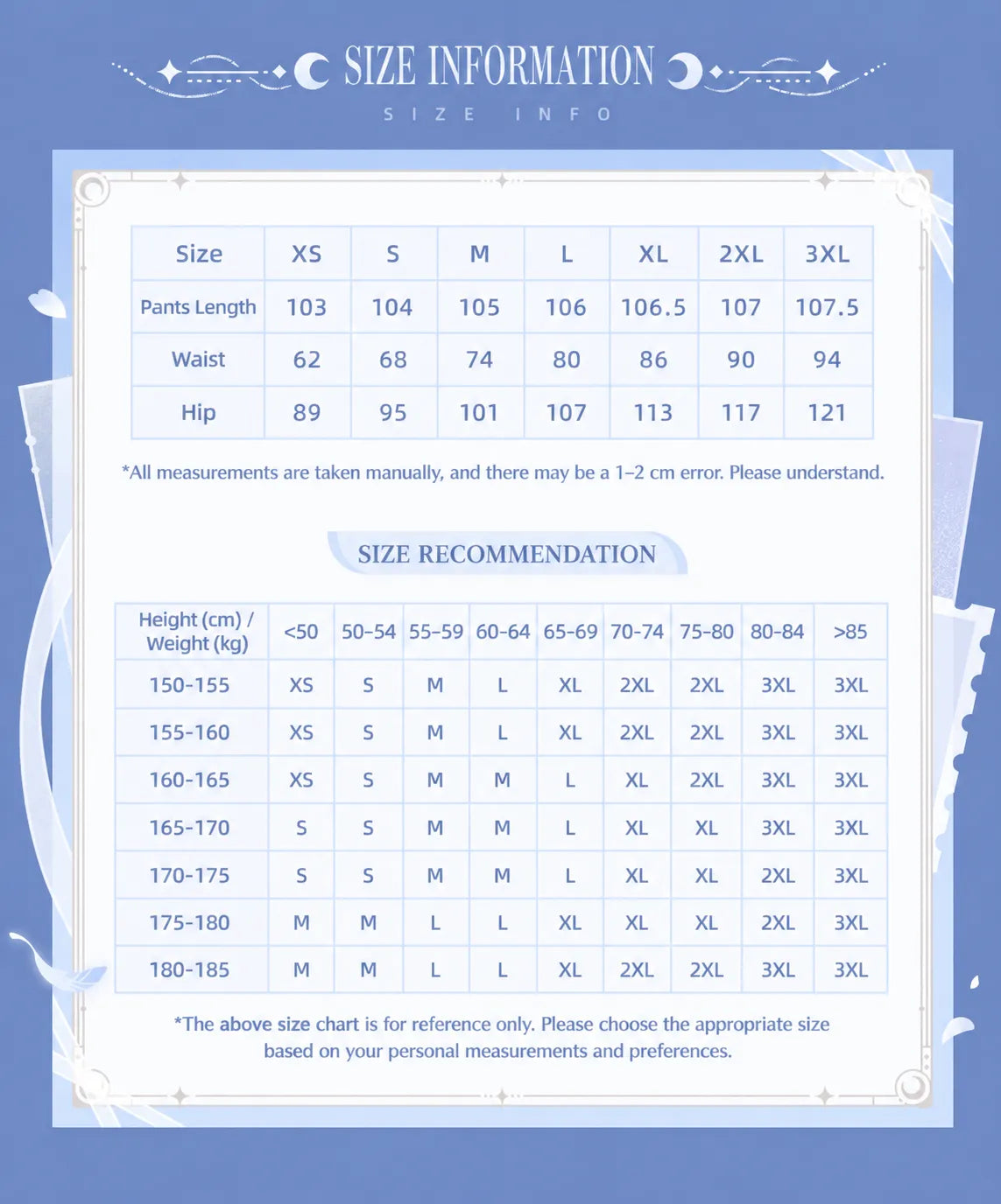 Columbina Theme Impressions Printed Casual Pants size chart and recommendations