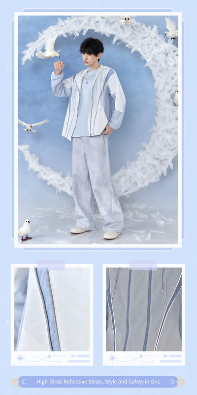 Columbina jacket hood, zipper, wing embroidery, drawcord, and fabric details
