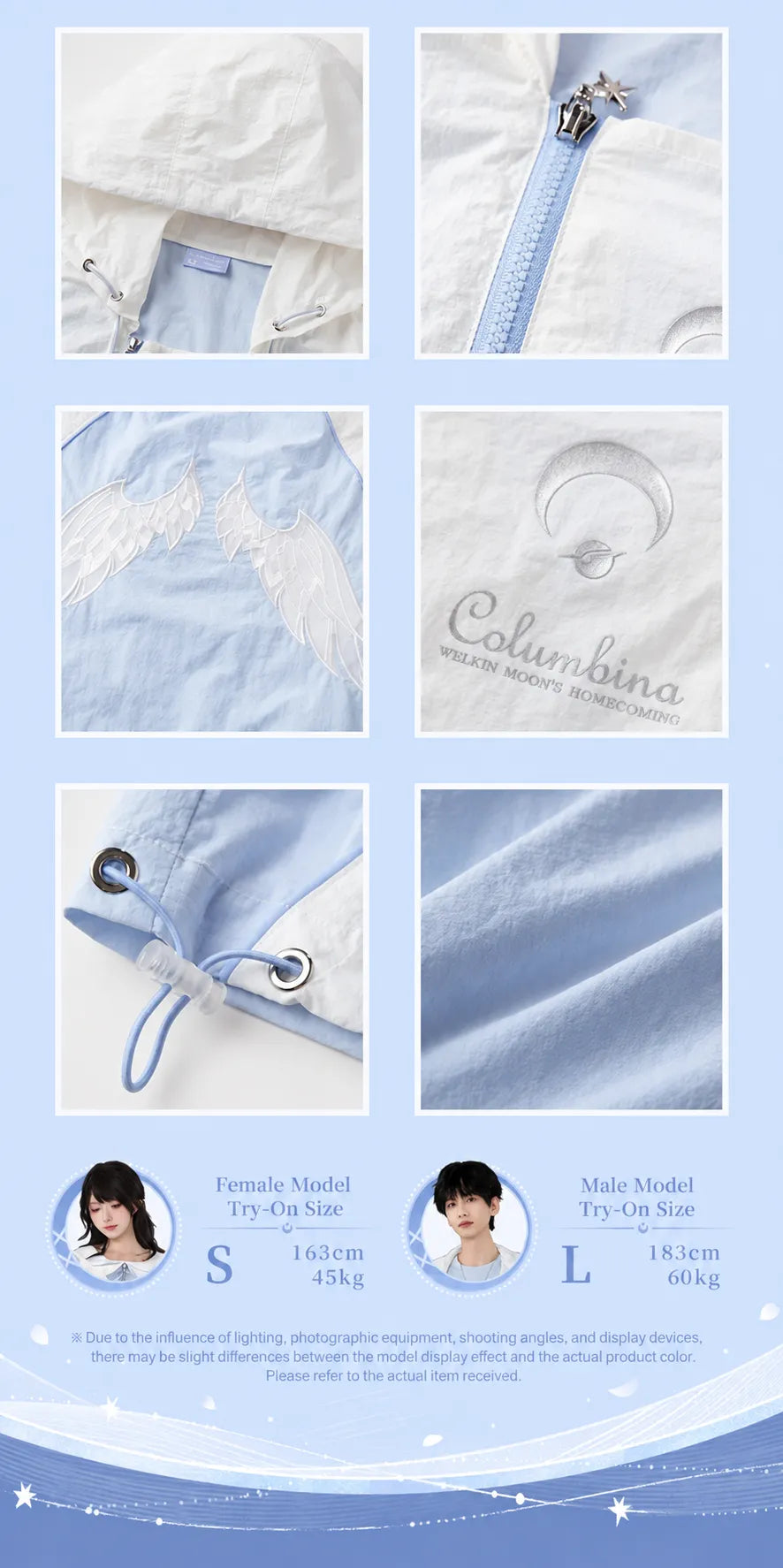 Columbina jacket character-themed zipper pull and embroidery details