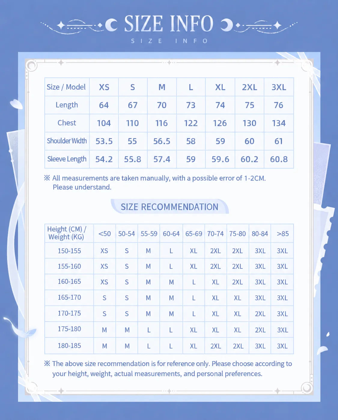 Columbina sun protection jacket size chart and size recommendations