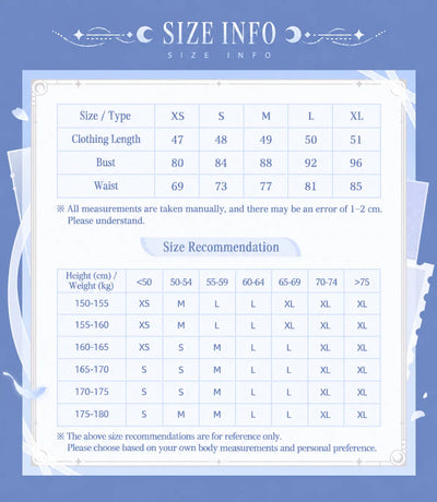 Columbina Theme Impressions T-Shirt size chart and size recommendations