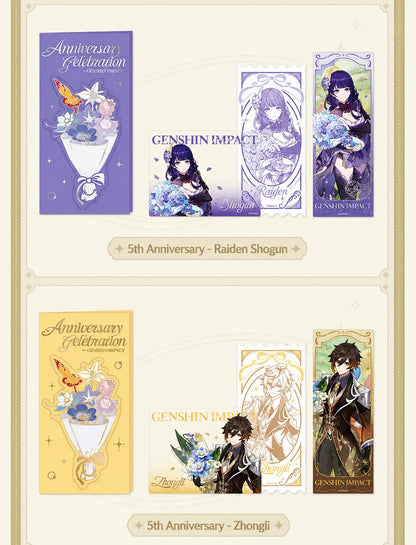 Detailed view of Genshin Impact commemorative ticket card set featuring holographic and embossed finishes