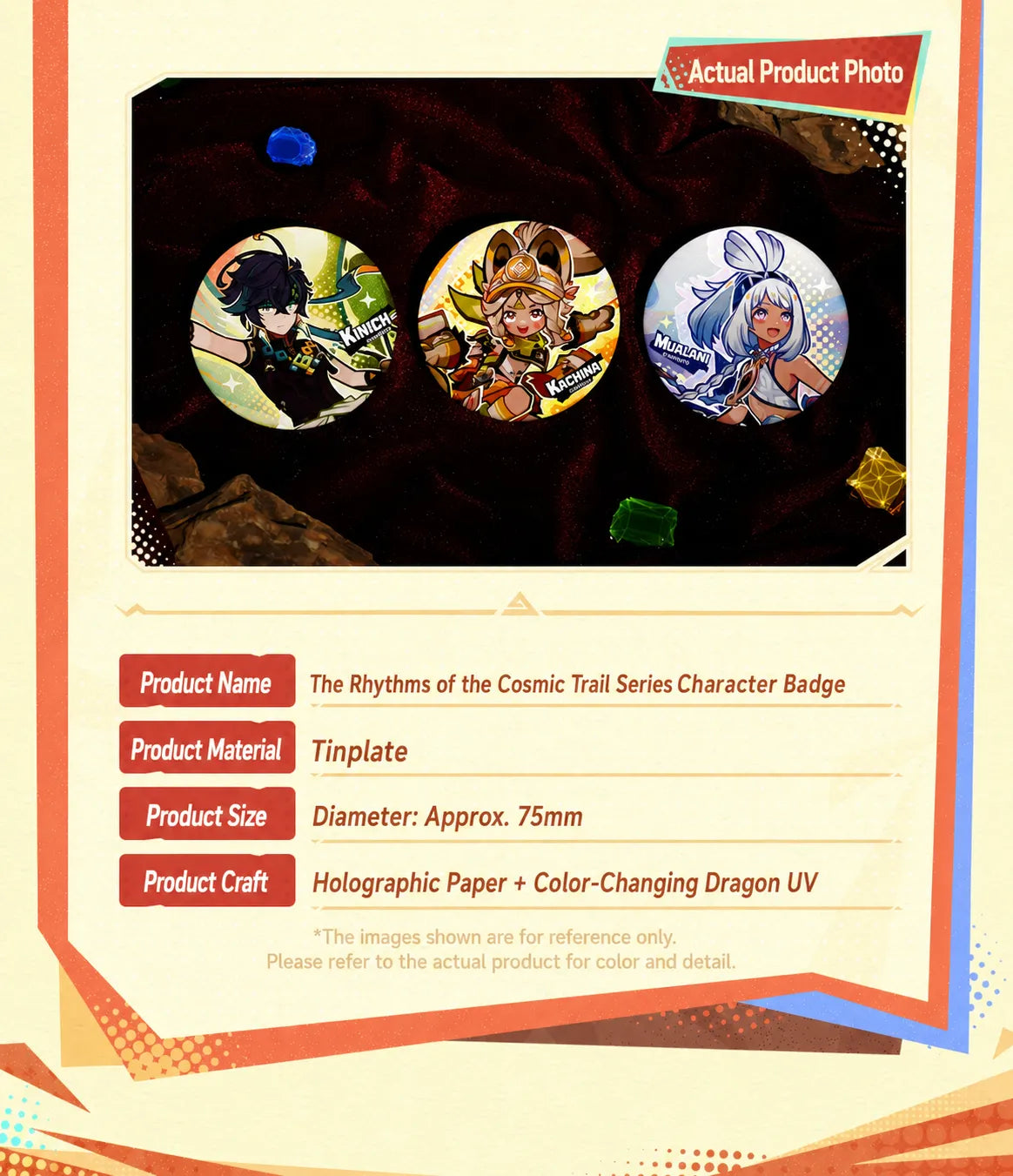 Genshin The Rhythms of the Cosmic Trail Series merchandise overview with badges acrylic standees and laser tickets