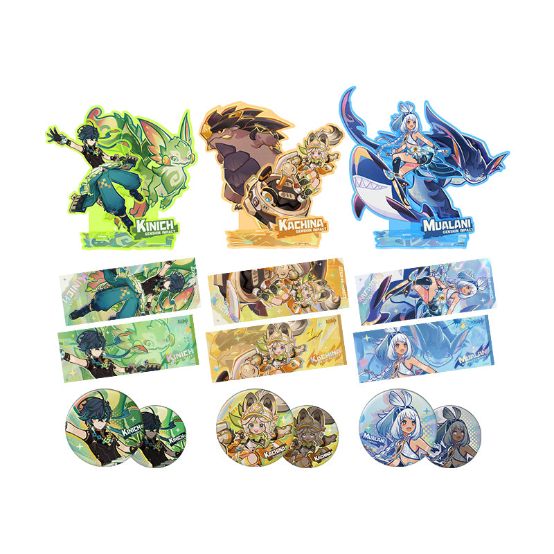 Genshin Cosmic Trail Series merch collection featuring Kinich Kachina and Mualani badges standees and laser tickets