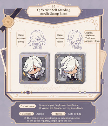 Cyno chibi acrylic stamp block from Genshin Impact featuring self standing collectible design and gold foil details