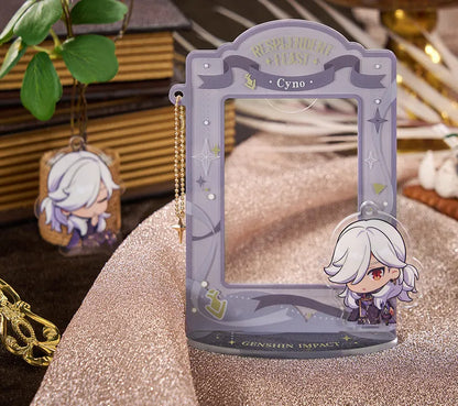 Cyno chibi collectible set from Genshin Impact featuring magnetic bottle cap badges and acrylic stamp blocks